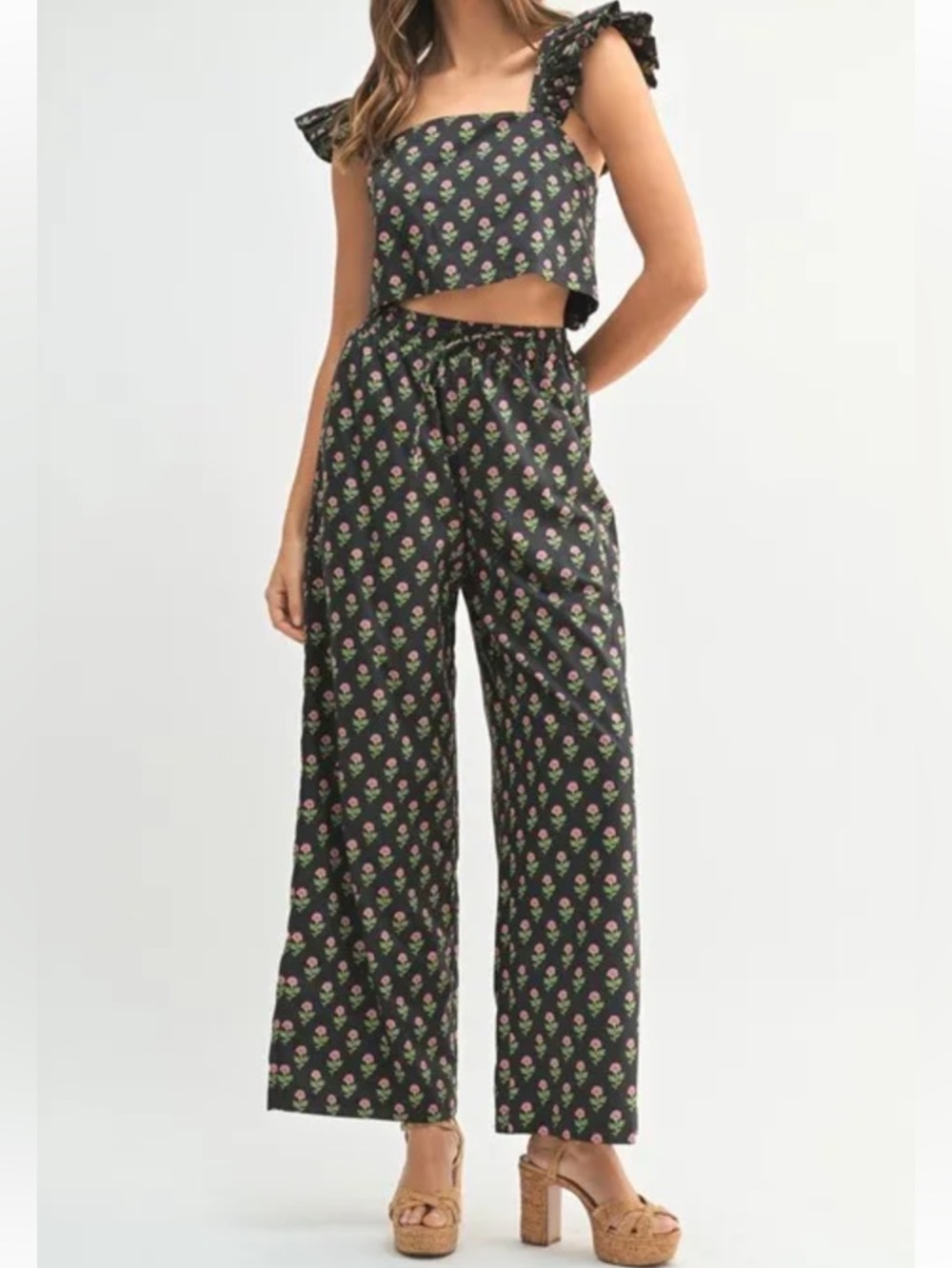 Wide-Leg Floral Pants and Top set in Black